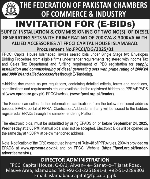 The Federation of Pakistan Chambers of Commerce & Industry Tender Notice